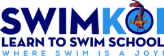 Swim Koi logo with a koi fish, blue and white text: "Learn to Swim School, Where swim is a joy!"