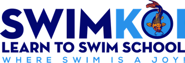 Swim Koi logo with a koi fish, blue and white text: 