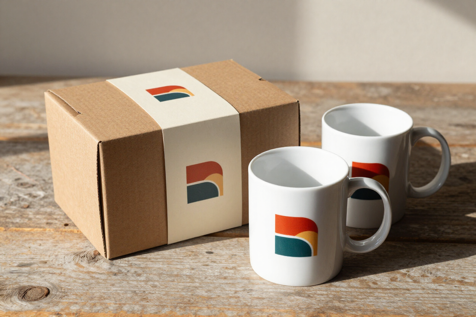 Una caja de cartón y dos tazas blancas con un logotipo colorido sobre una mesa rústica de madera.