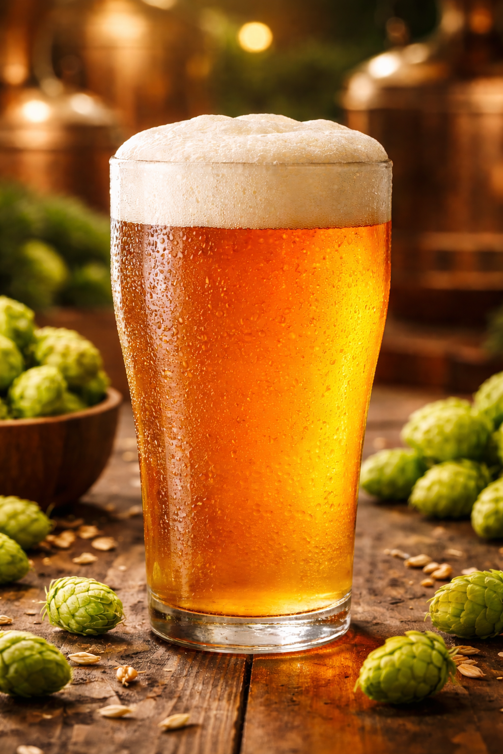 Foamy amber beer in a pint glass on a wooden table, surrounded by hops
