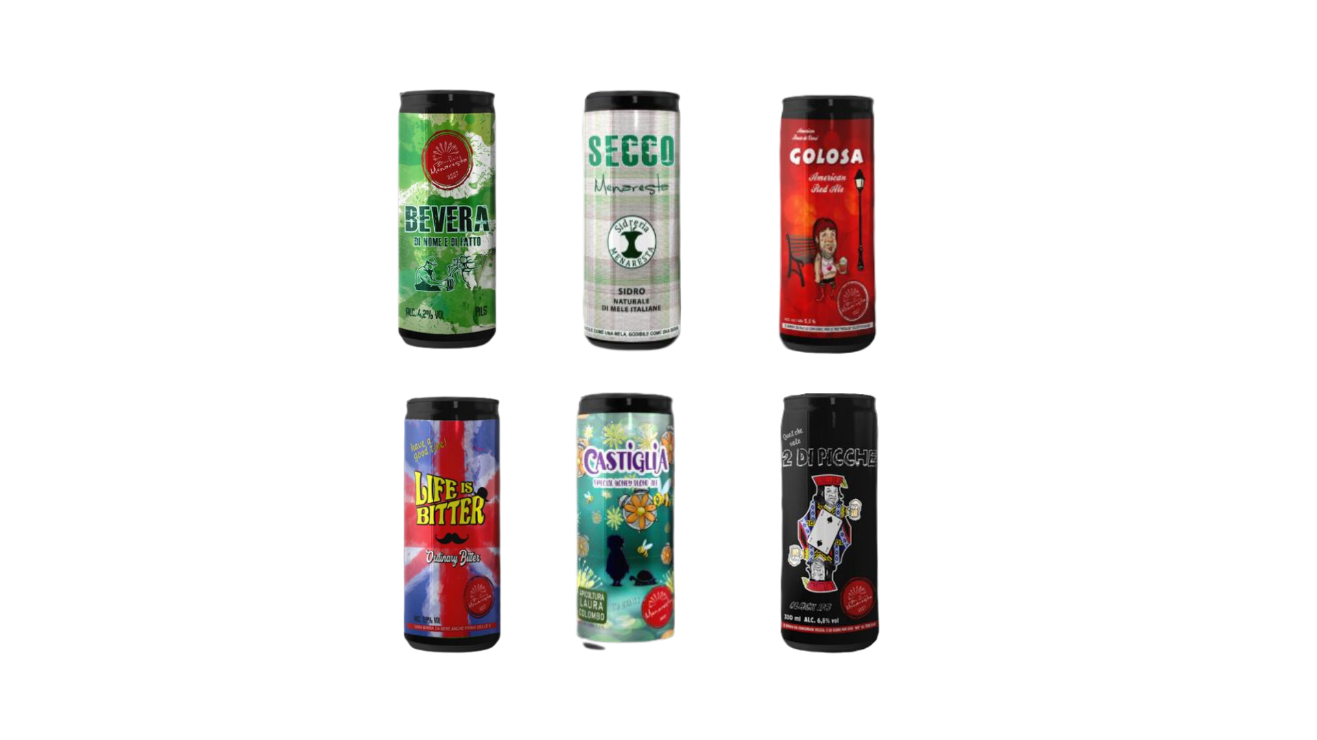 Six assorted beverage cans displayed in two rows on a white background.
