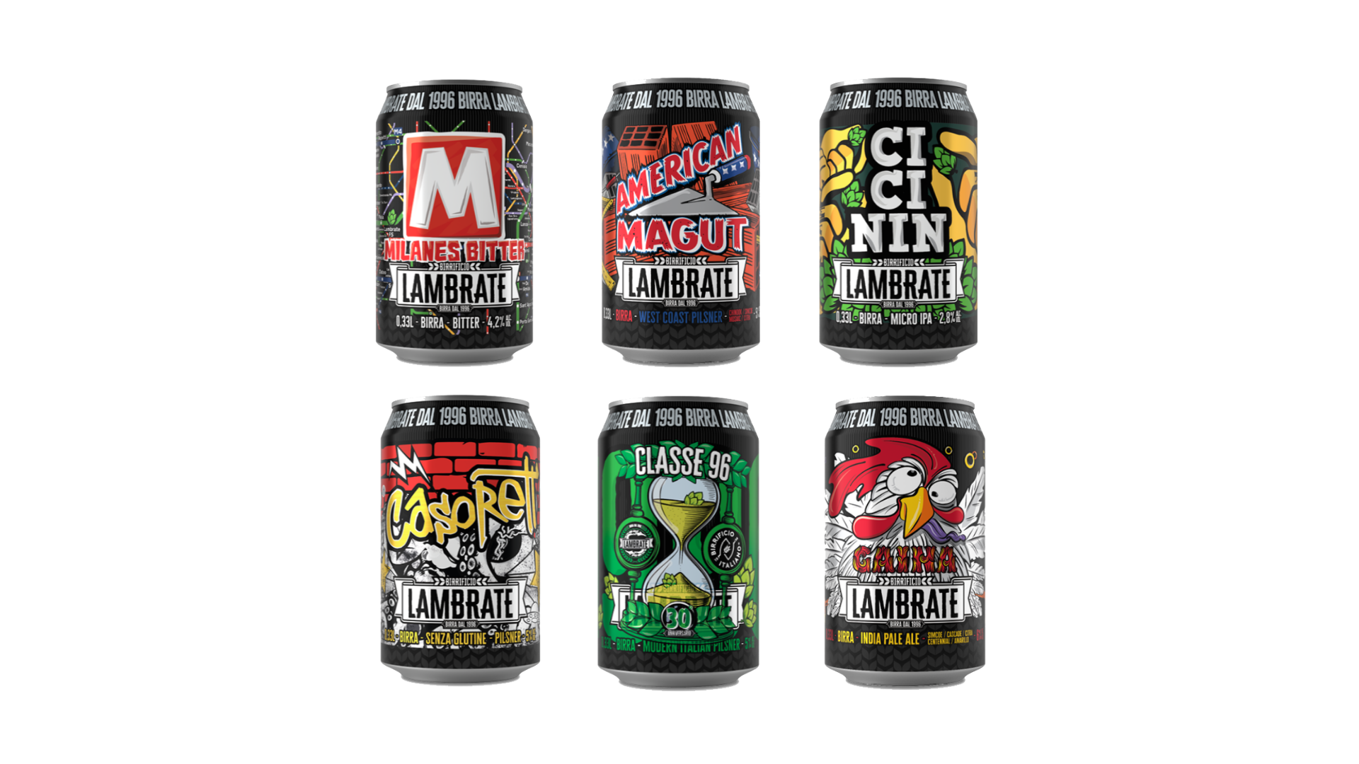 Six colorful energy drink cans arranged in two rows on a white background.