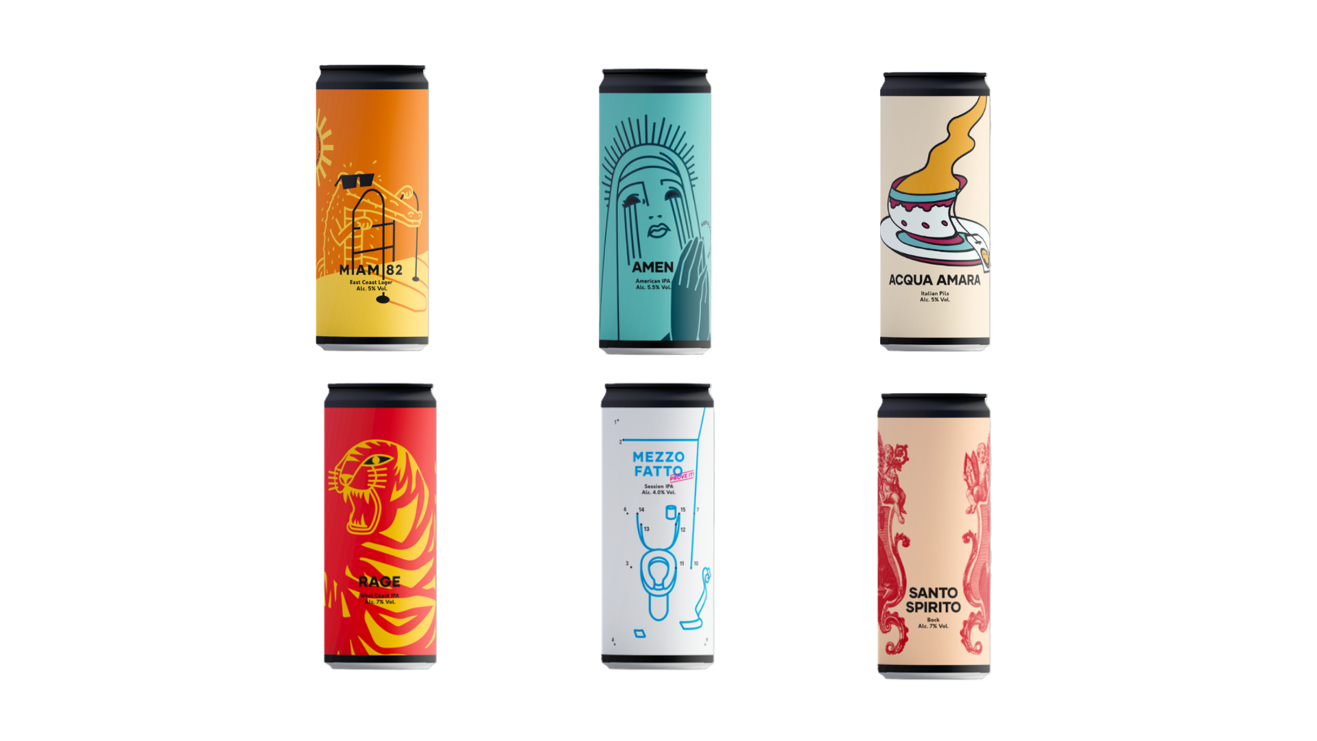 Six colorful illustrated beverage cans arranged in a 2-by-3 grid on a white background