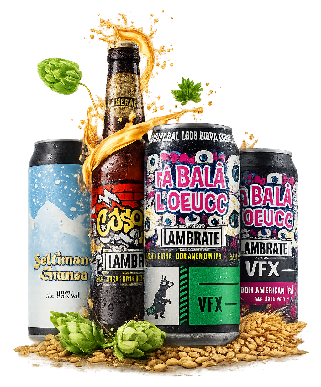 Beer can and bottle lineup with colorful labels, hops, and splashing liquid on a white background