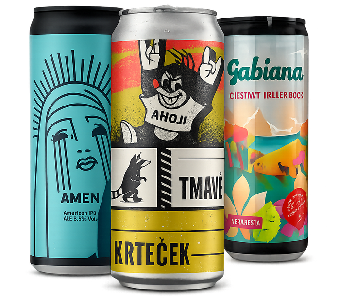 Three colorful illustrated beverage cans on a white background