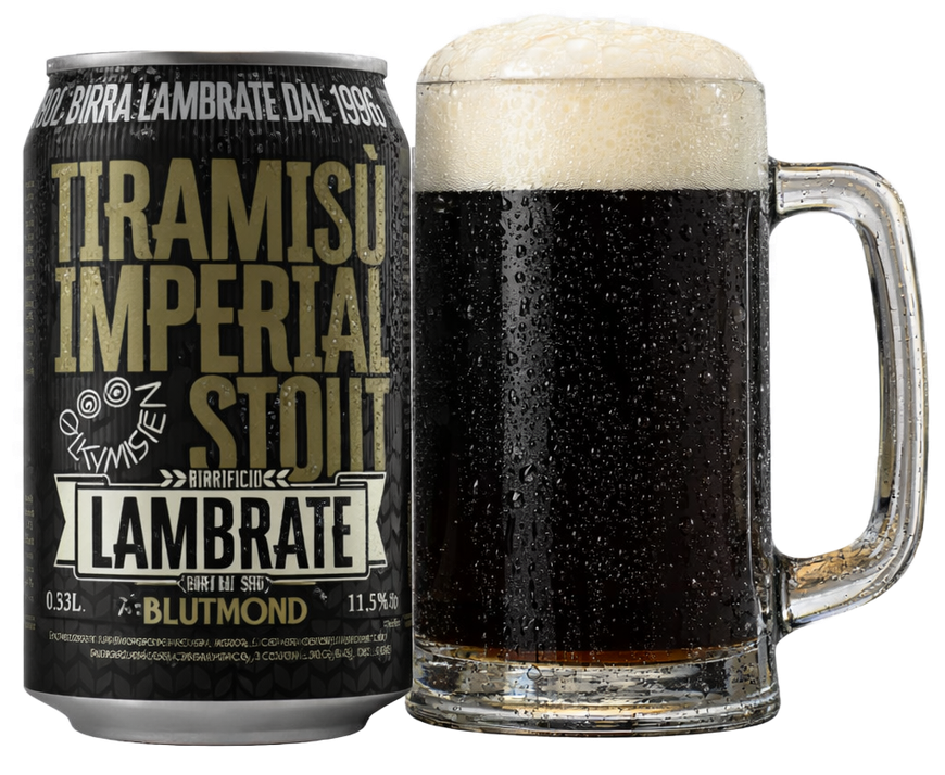 Dark stout beer can next to a frothy mug of black beer with a tan head