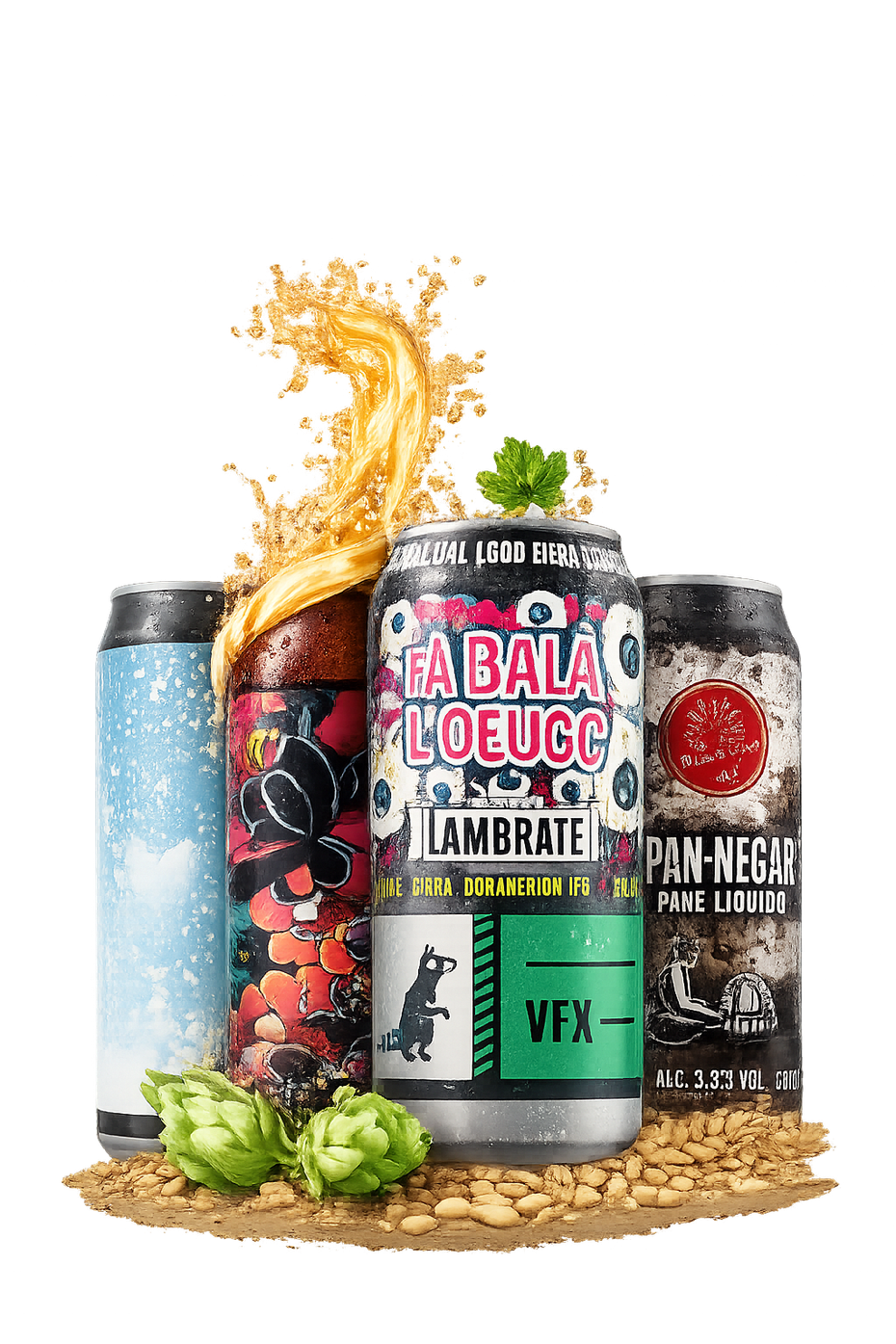 Five craft beer cans with colorful labels on a bed of hops, one can splashing golden liquid upward