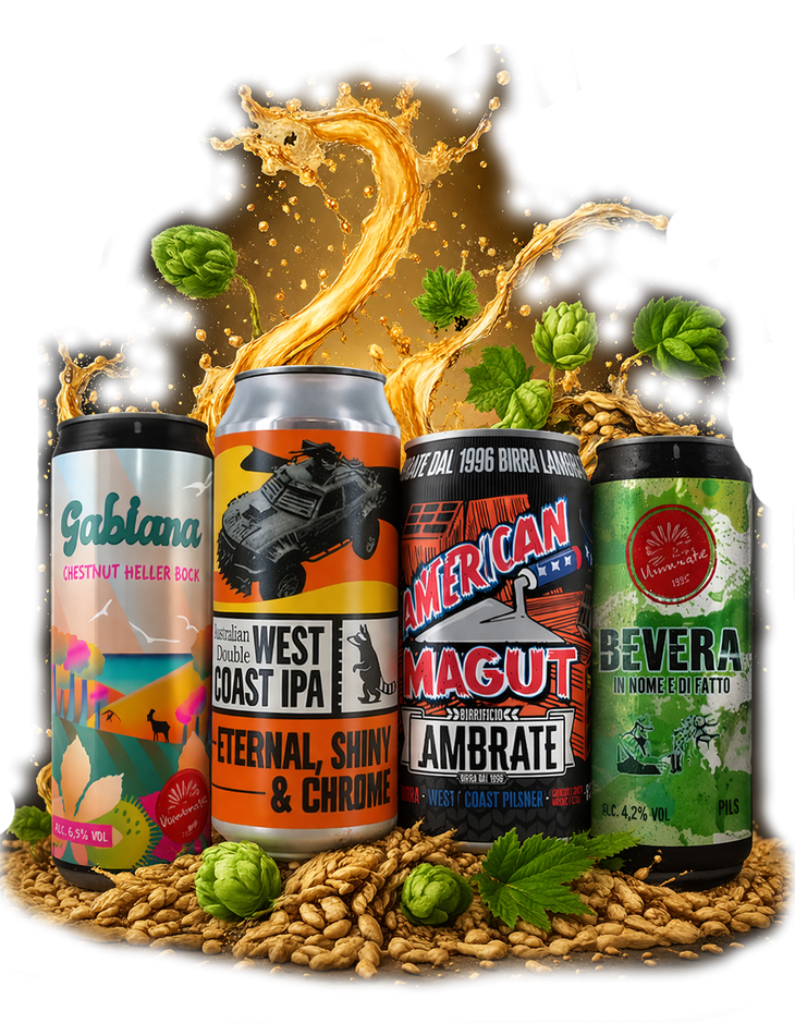 Four colorful energy drink cans amid coffee beans and splashing coffee, with green hops and herbs.