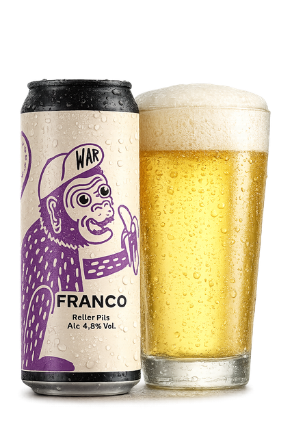 Beer can and foamy pint glass with a purple monkey label on a light background