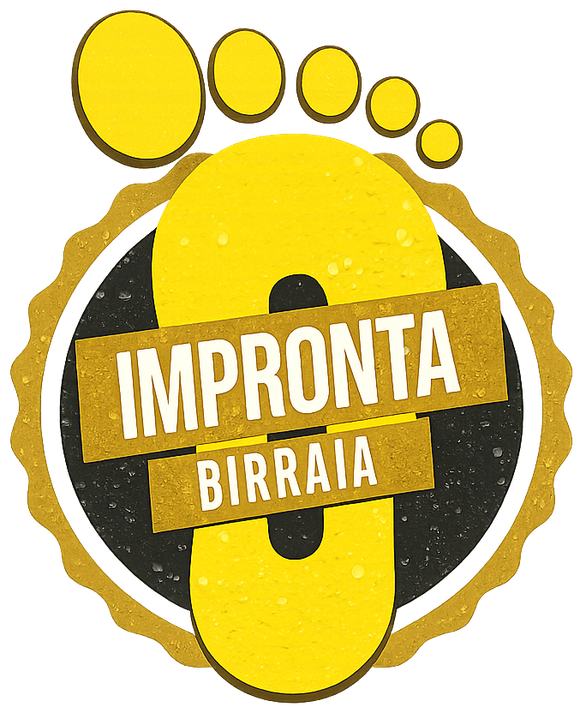 Yellow and black logo with footprints and the text “IMPRONTA BIRRATA” above a large 0
