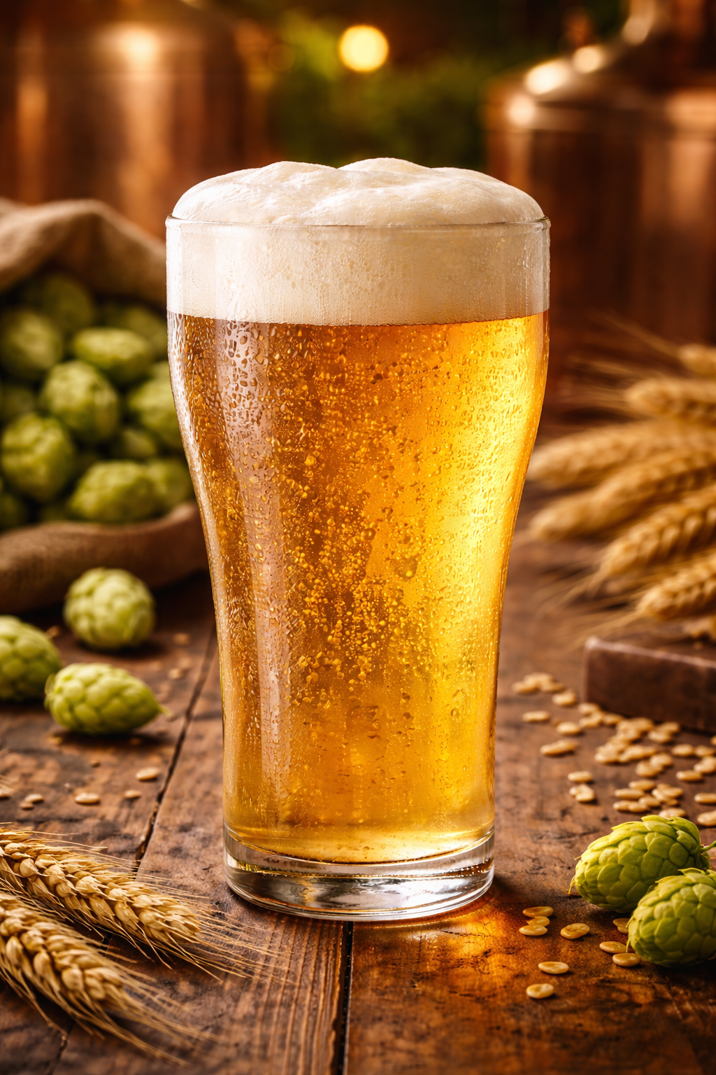 A frothy pint of golden beer on a rustic table with hops and barley in the background