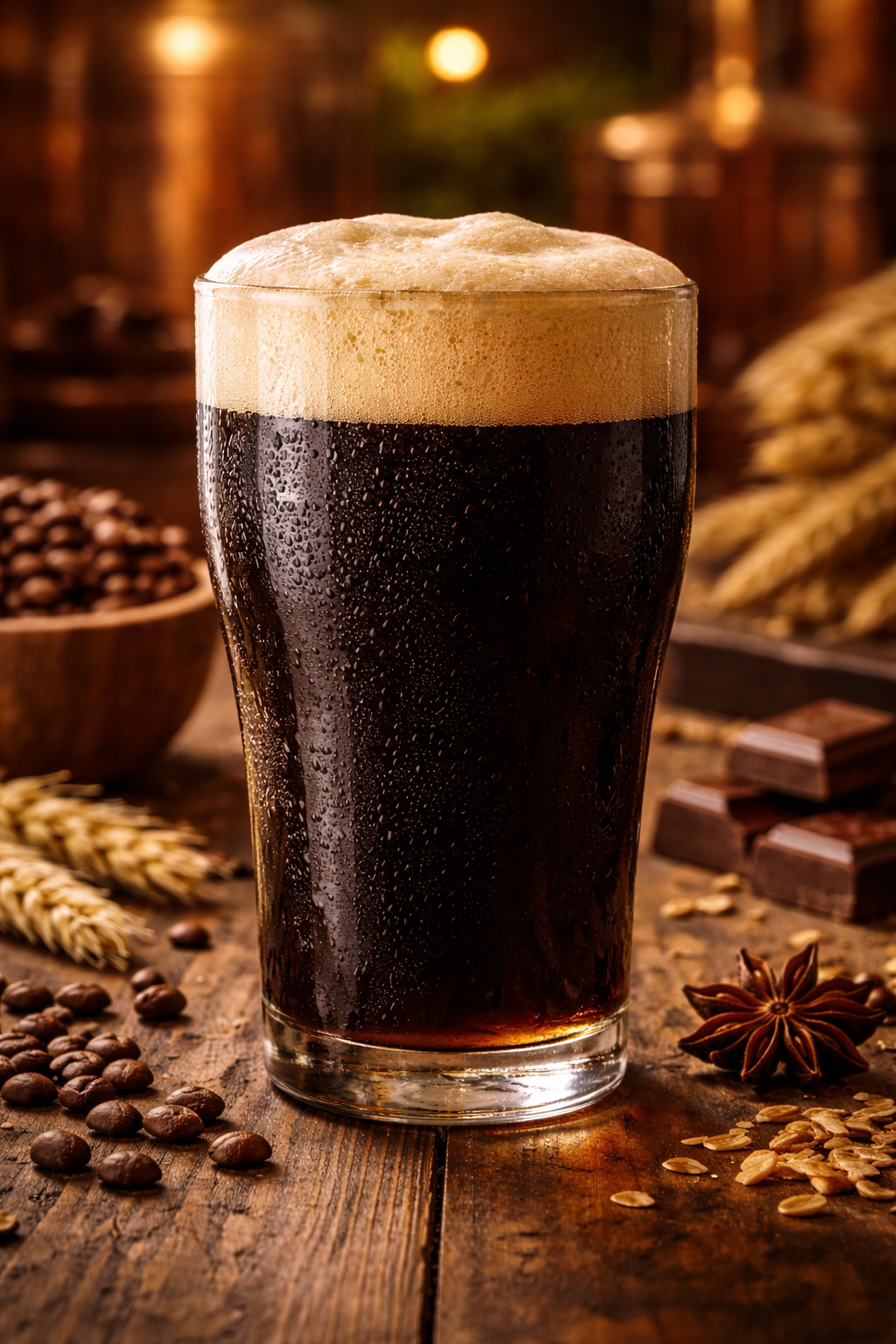 Dark stout beer in a glass on a rustic wooden table with coffee beans and spices, warmly lit