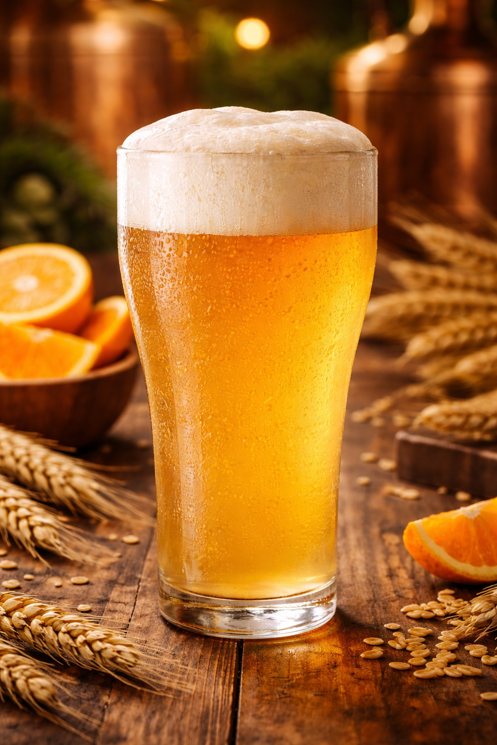 Tall glass of golden beer with foam on a rustic table, surrounded by wheat and orange slices