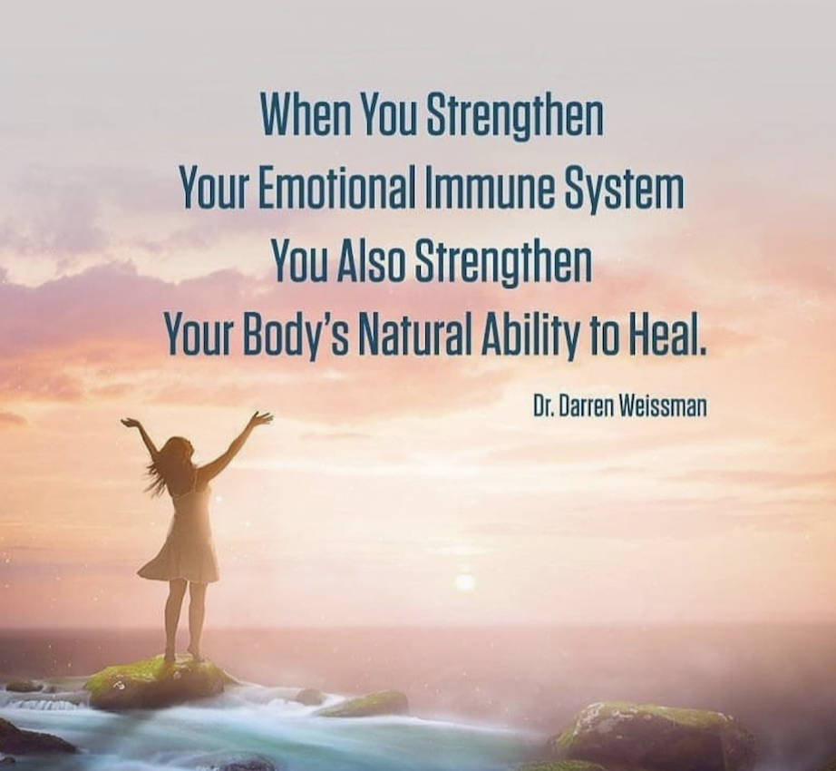 Sunrise silhouette by the sea with quote: “Strengthen your emotional immune system to help your body heal.”