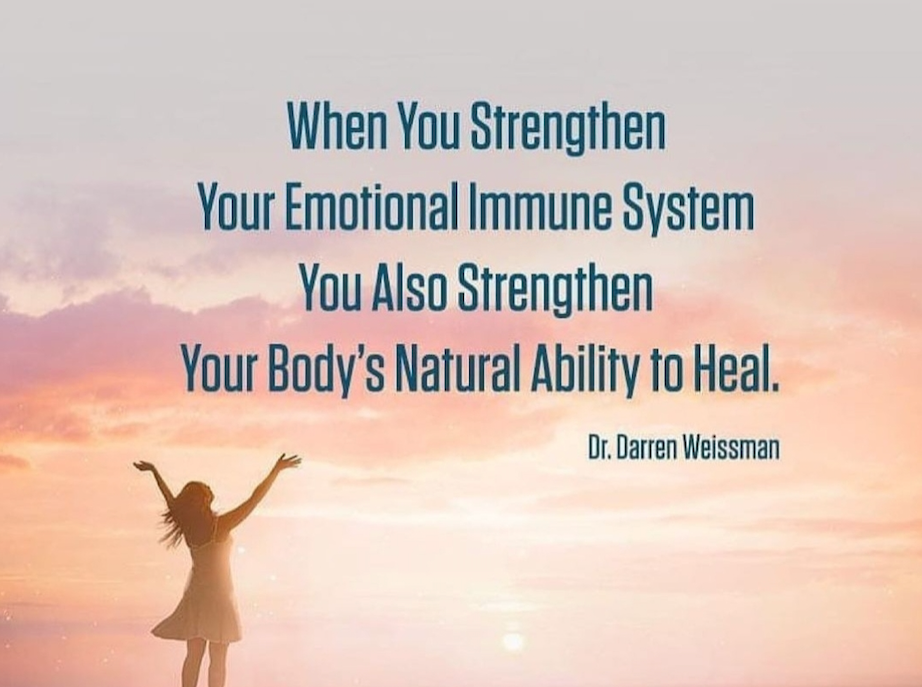 Sunrise silhouette by the sea with quote: “Strengthen your emotional immune system to help your body heal.”