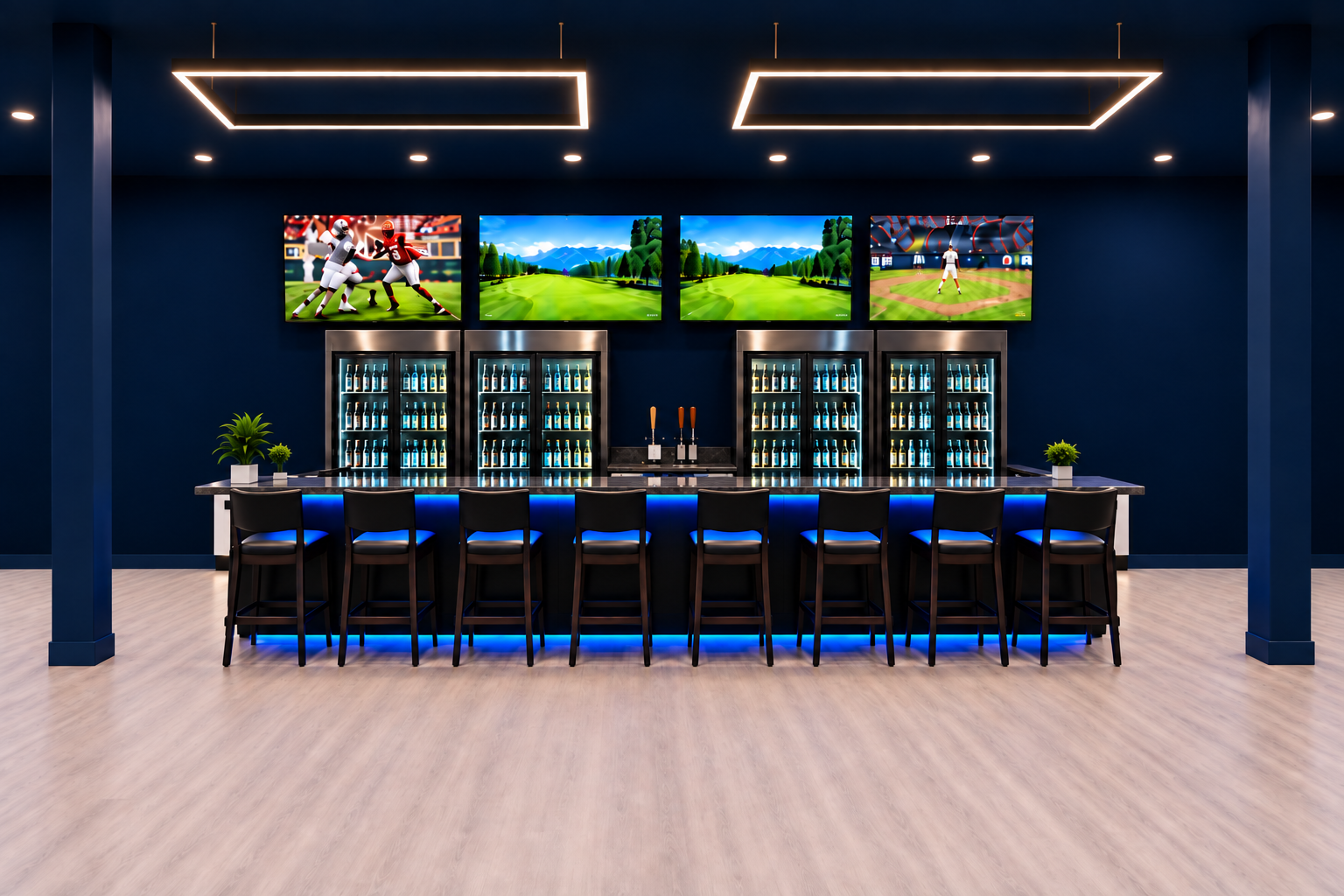 Full kitchen, full bar, and screens worth sitting in front of