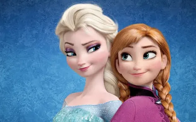 Princesses Elsa and Anna from the disney movie frozen smiling against a blue background