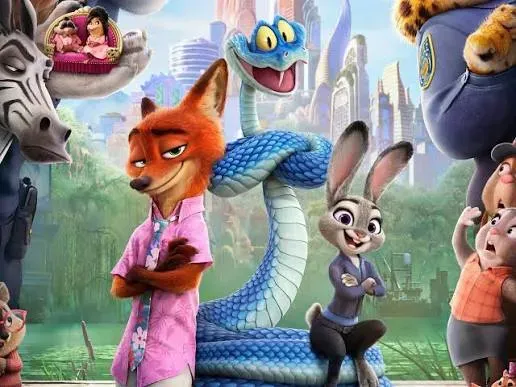 Animated Zootopia characters pose together, with Nick and Judy in the center against a bright city backdrop
