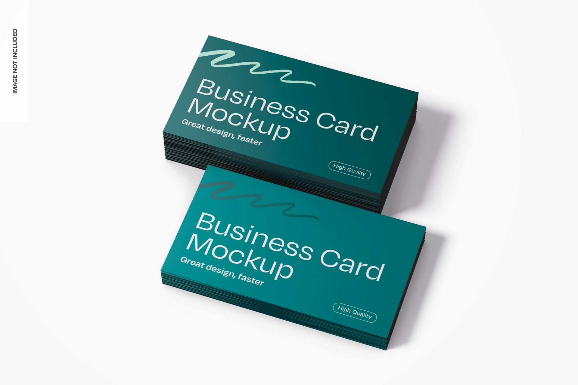 Stacks of teal business cards on a white surface; the top card reads