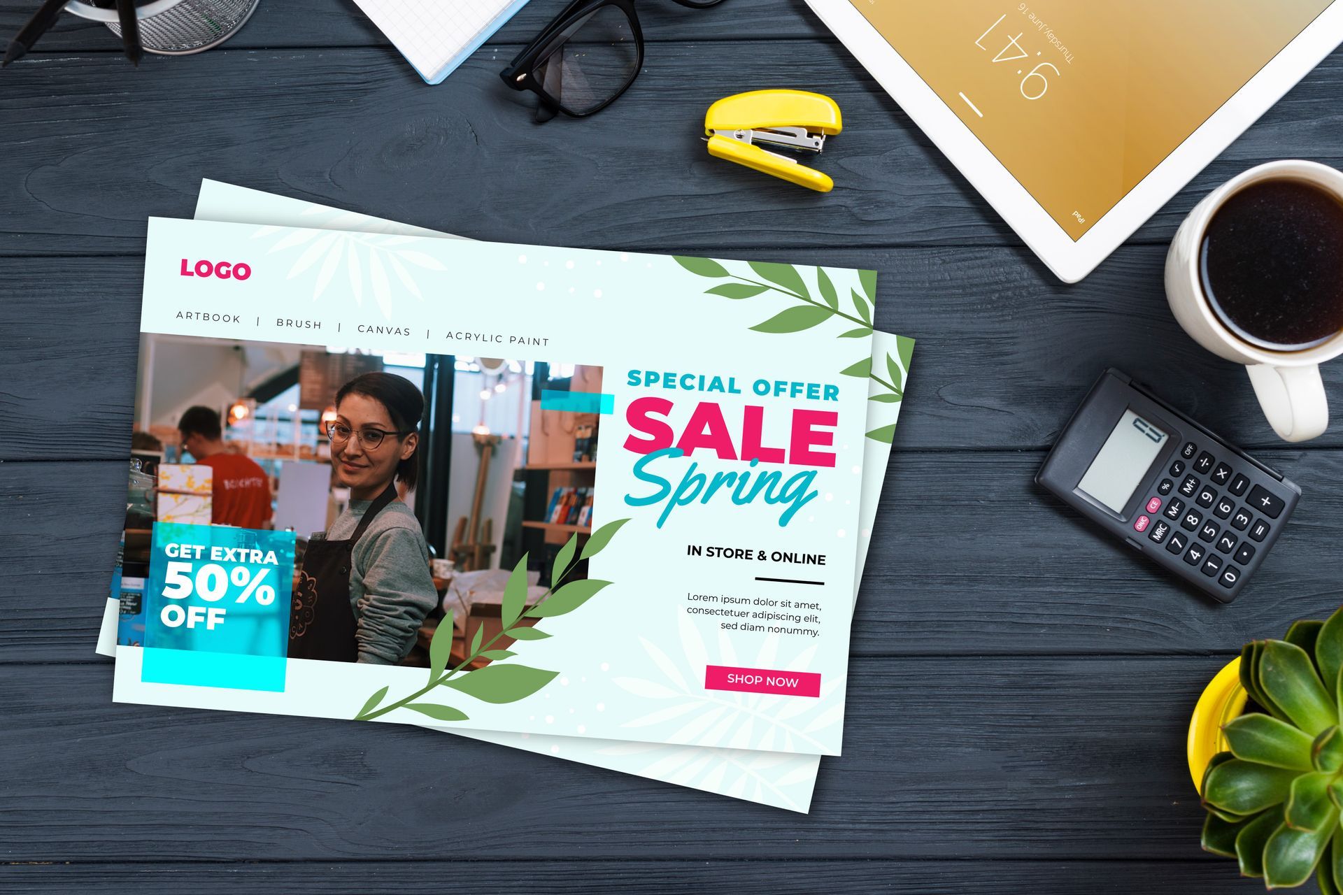 Spring sale brochure on a desk, with a woman in-store, text