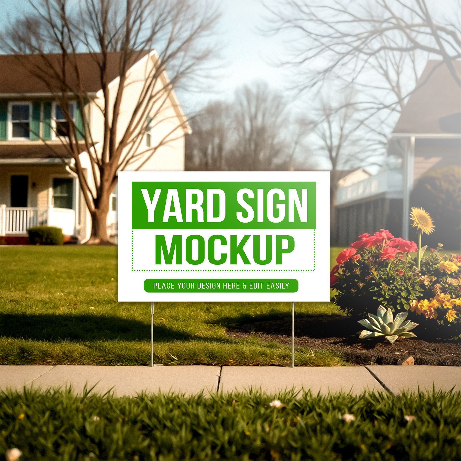 White yard sign mockup on a green lawn in front of a house, green and white text.
