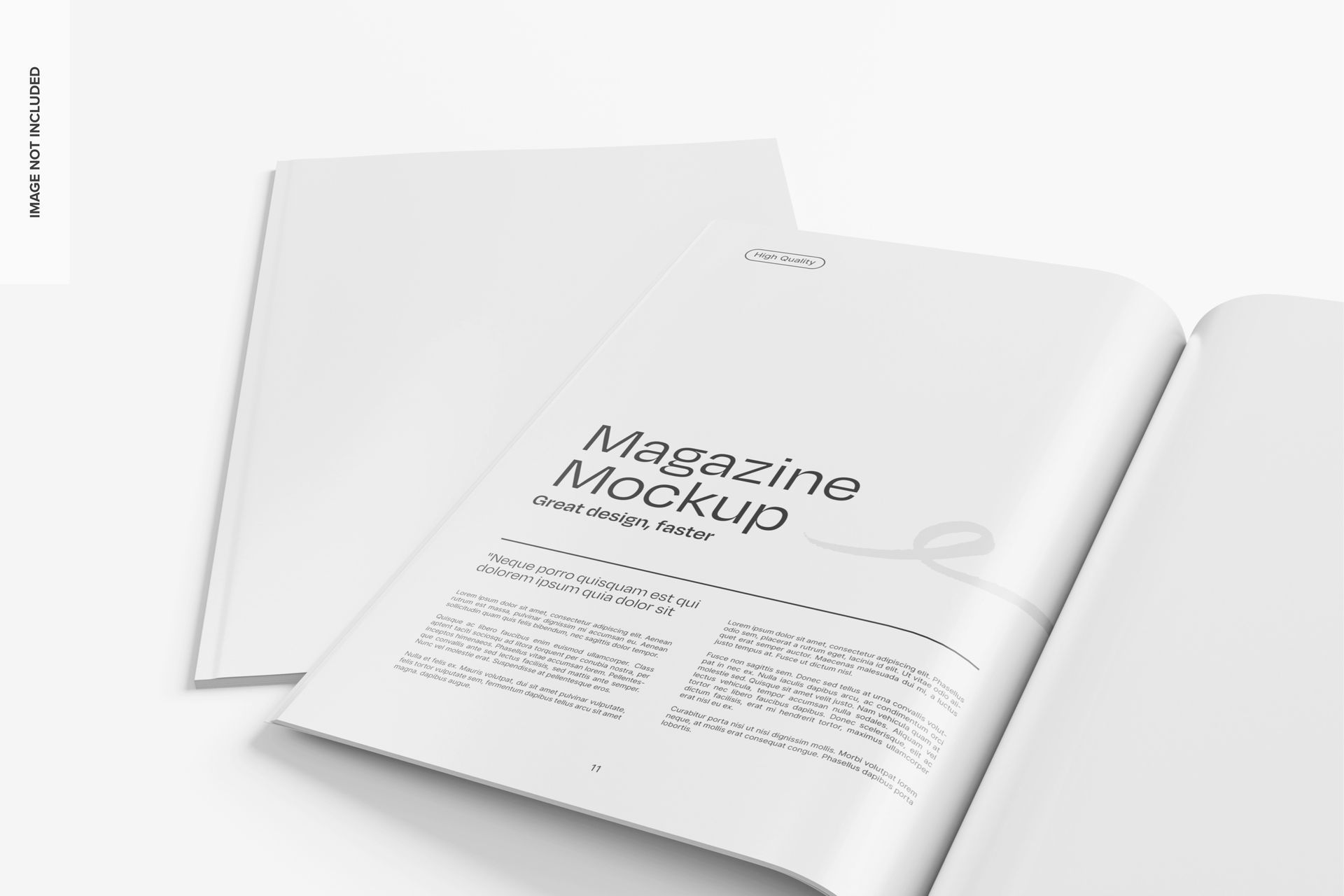 Open magazine mockup with a closed magazine beside it. White pages with text.