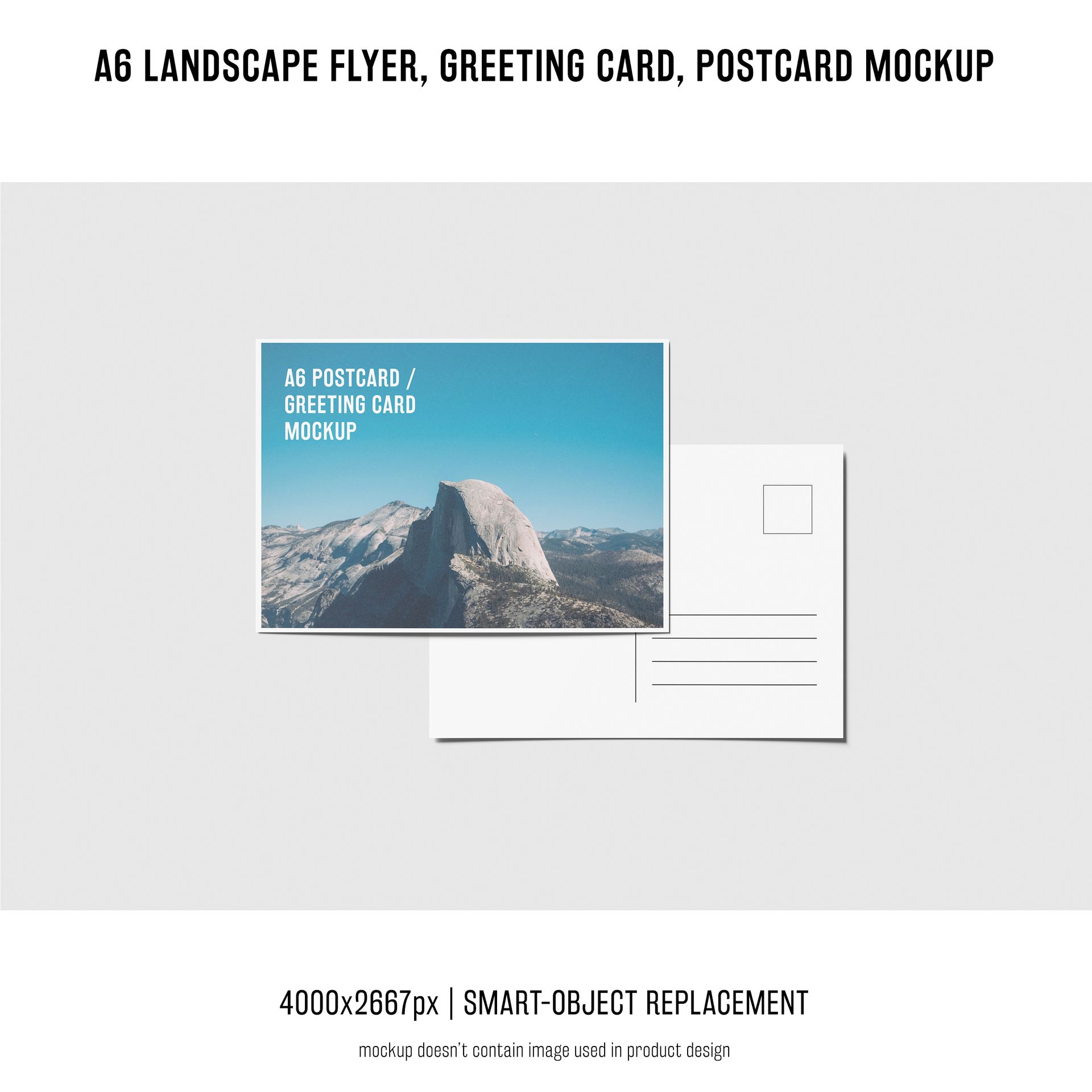 Mockup of two white landscape postcards on a gray surface, one displaying a mountain scene.