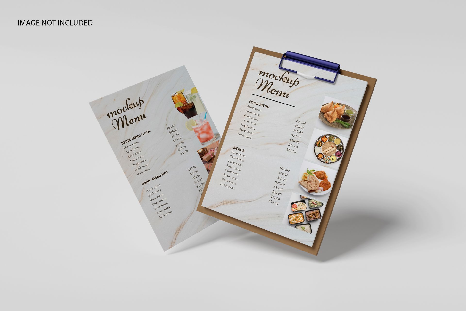 Two menu mockups, one on a clipboard and the other leaning against it, on a light background.