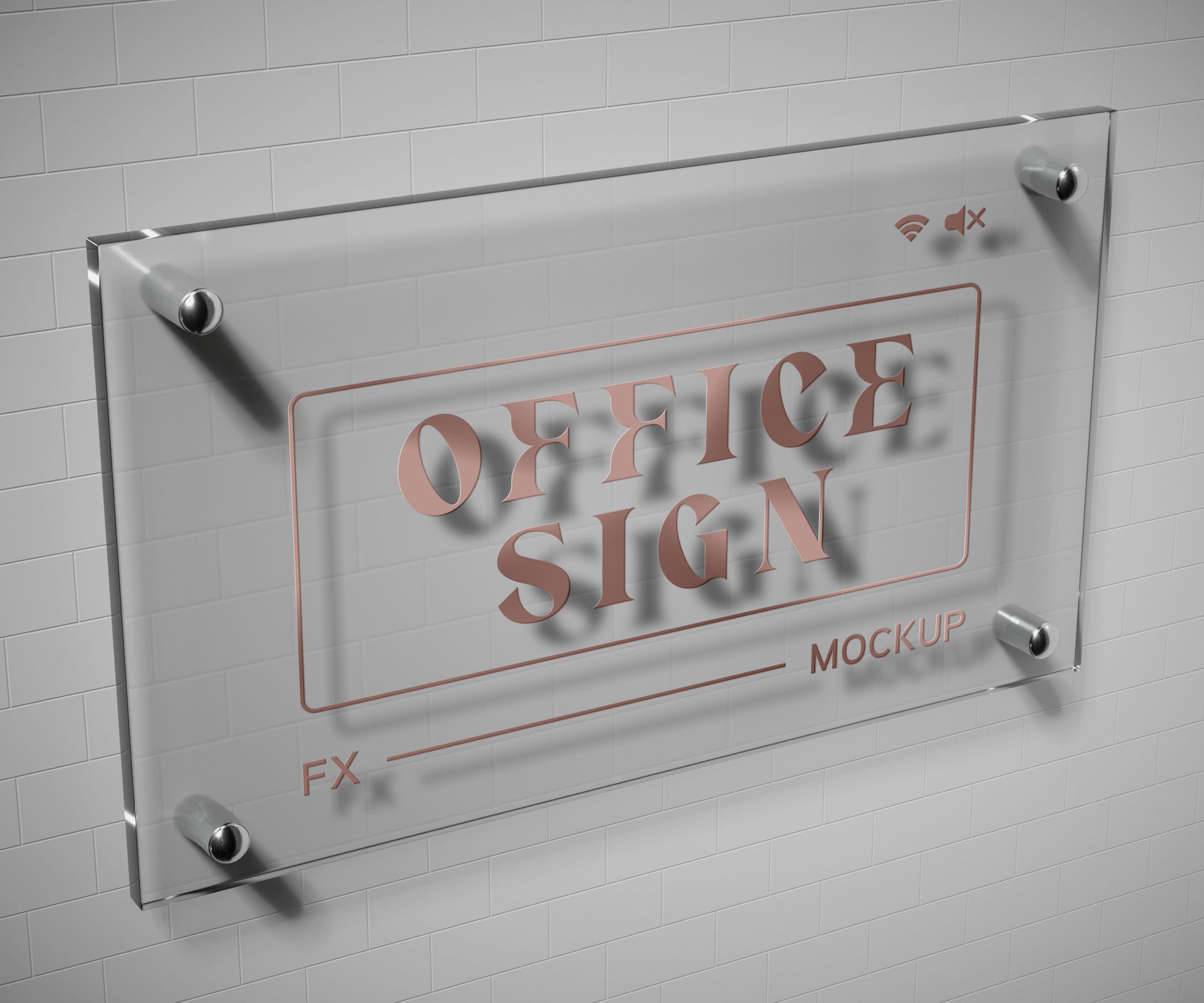 Office sign mockup on a white brick wall, etched with 