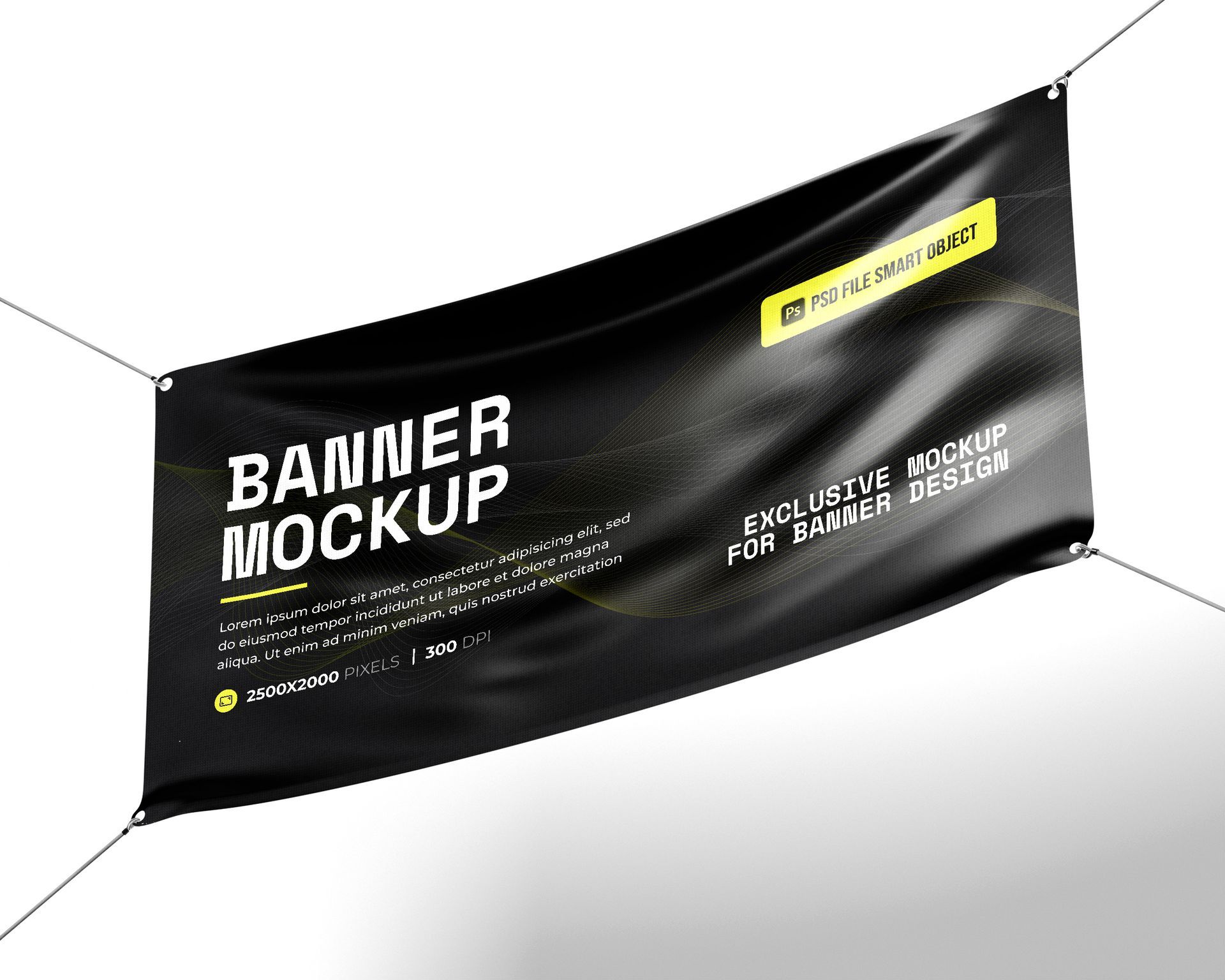 Black banner mockup with white text hanging from corners.