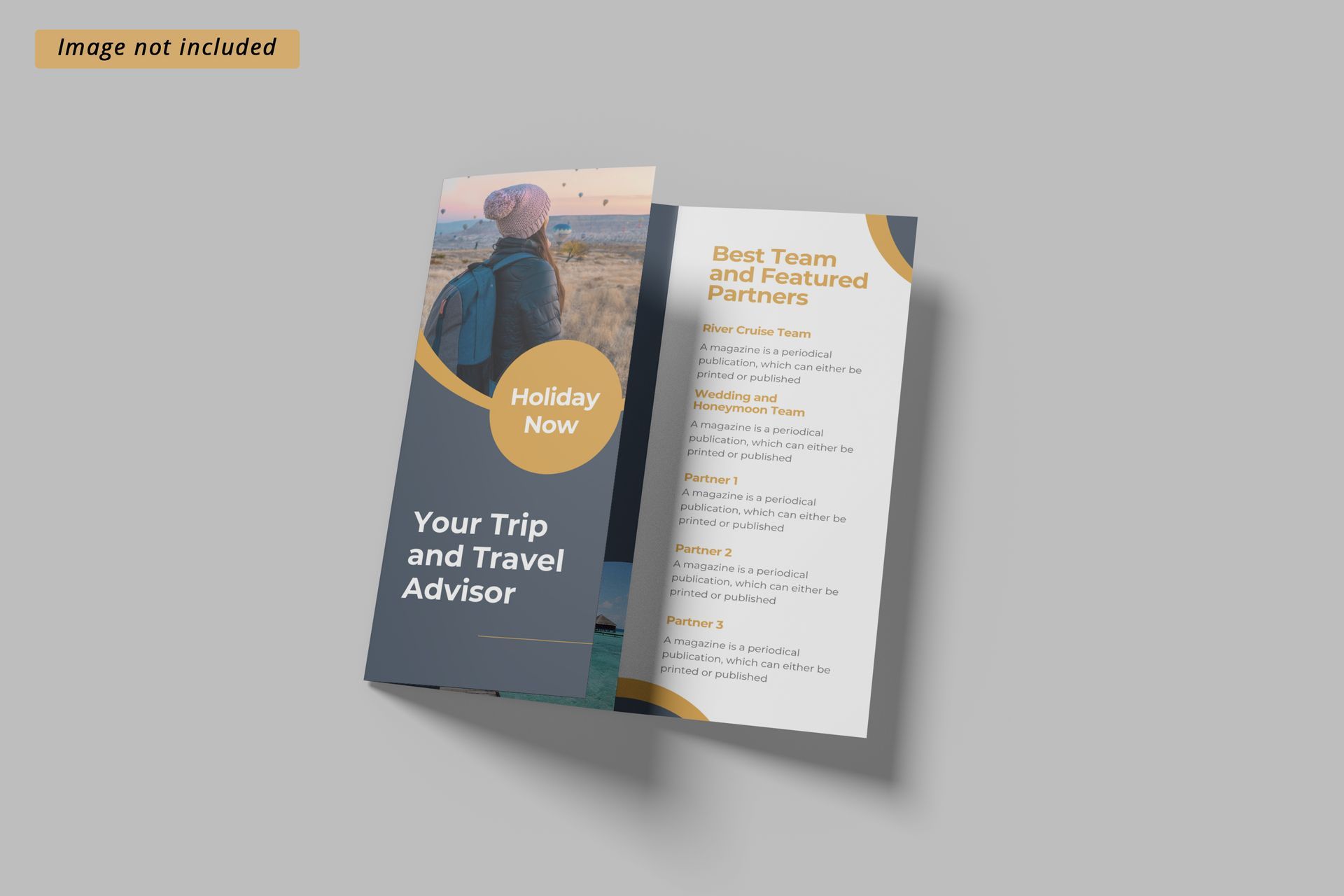 Tri-fold brochure mockup: a travel advisory featuring a person in nature, offering tours and planning services.