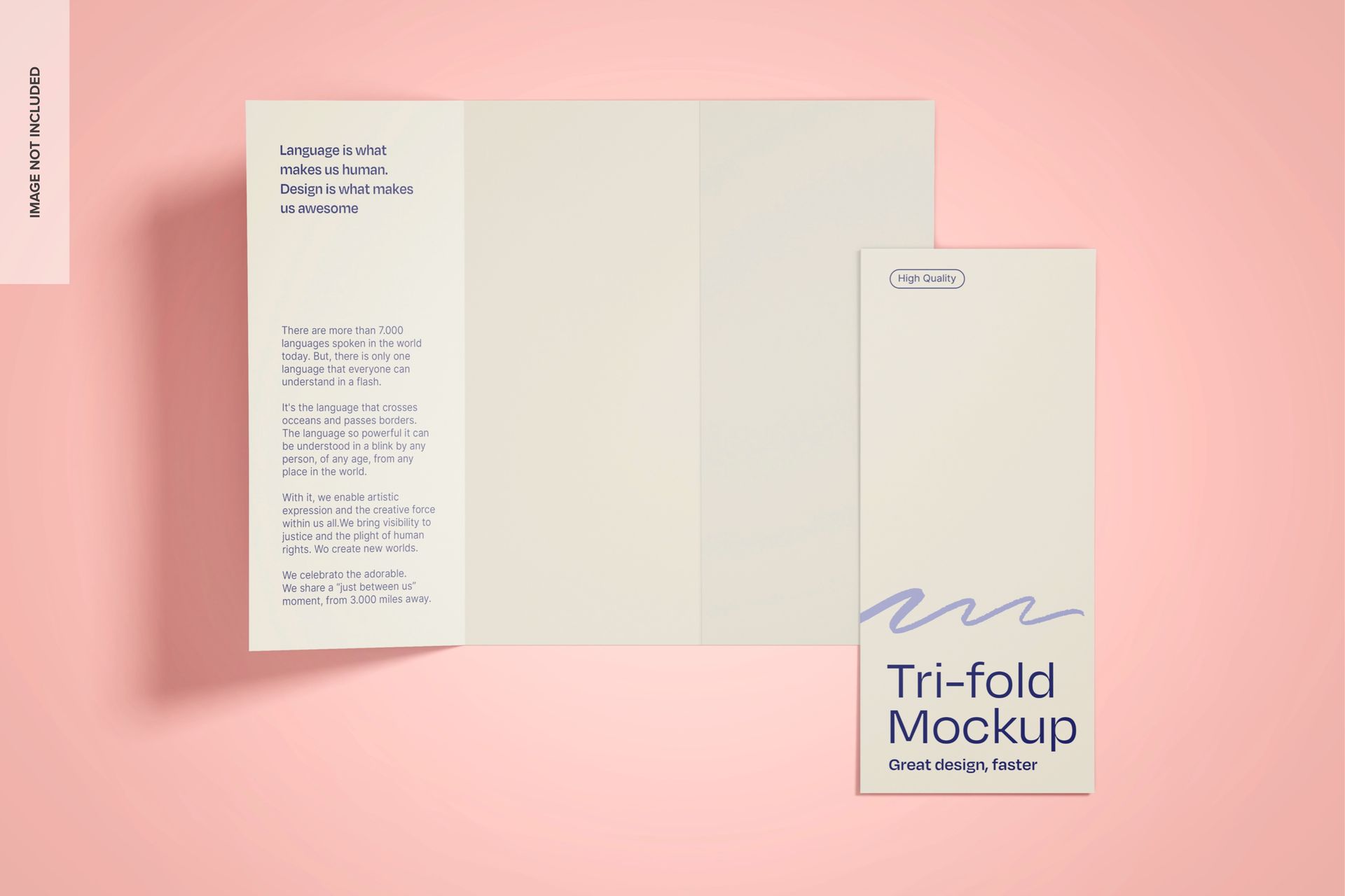 Trifold brochure mockup on a pink background. Beige brochure with text, another folded.