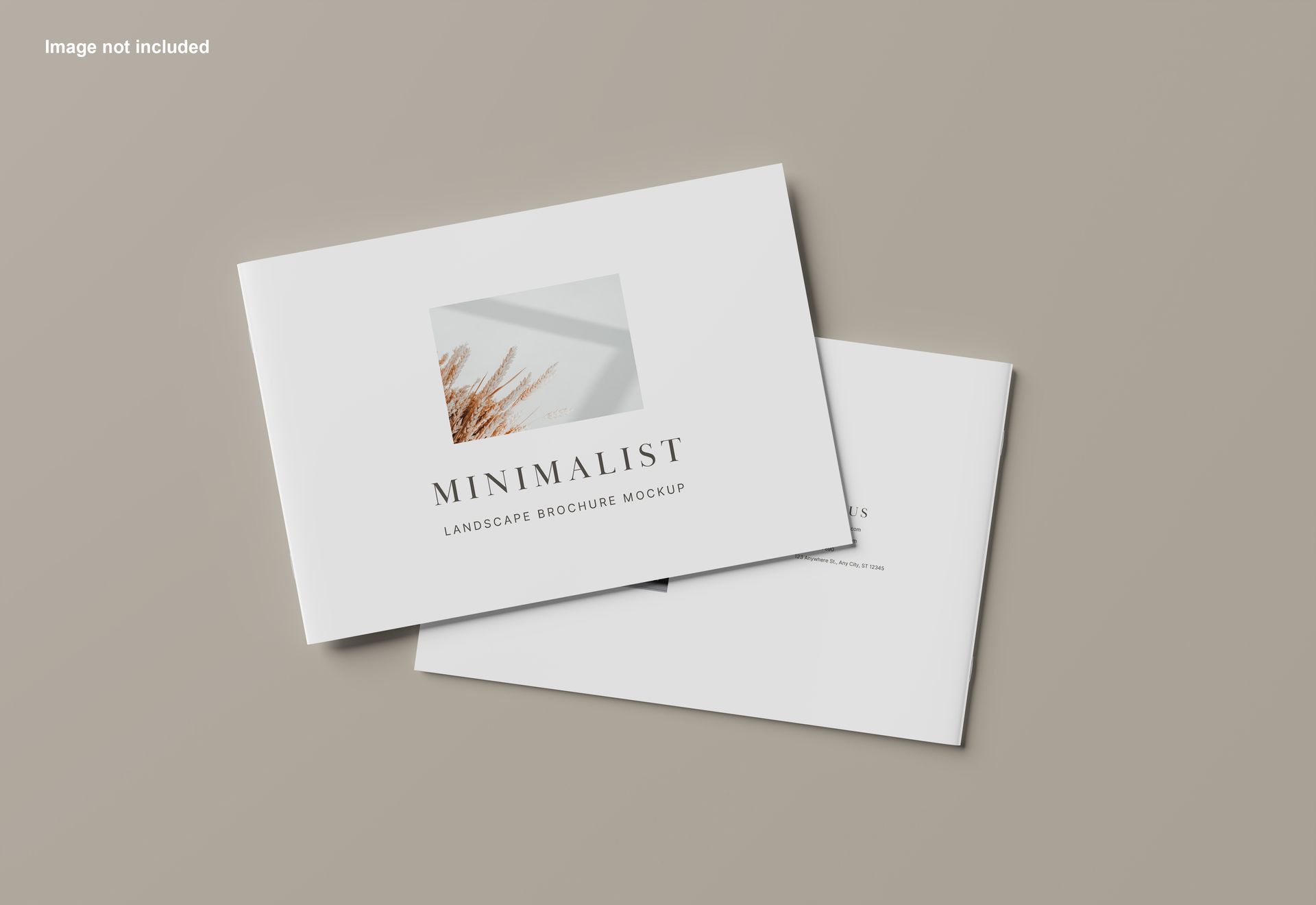 Two white square brochures, one atop the other on a tan surface; the top one displays the word
