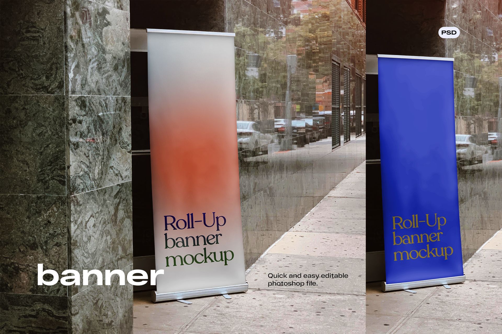 Two roll-up banners on a sidewalk. One white with orange gradient, the other blue. City street setting.