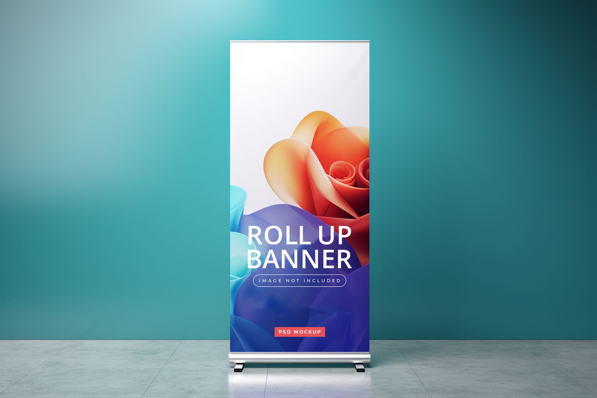 Roll-up banner against teal wall, featuring abstract flower design in orange and blue, with 