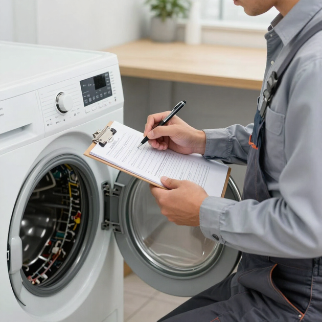 Technician inspecting a front-loading washing machine while taking notes on a clipboard.