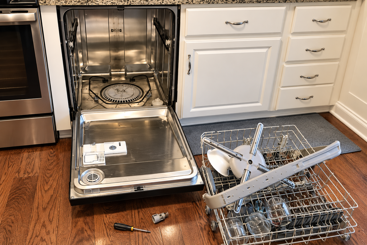Open dishwasher with broken parts and dishes scattered on the kitchen floor