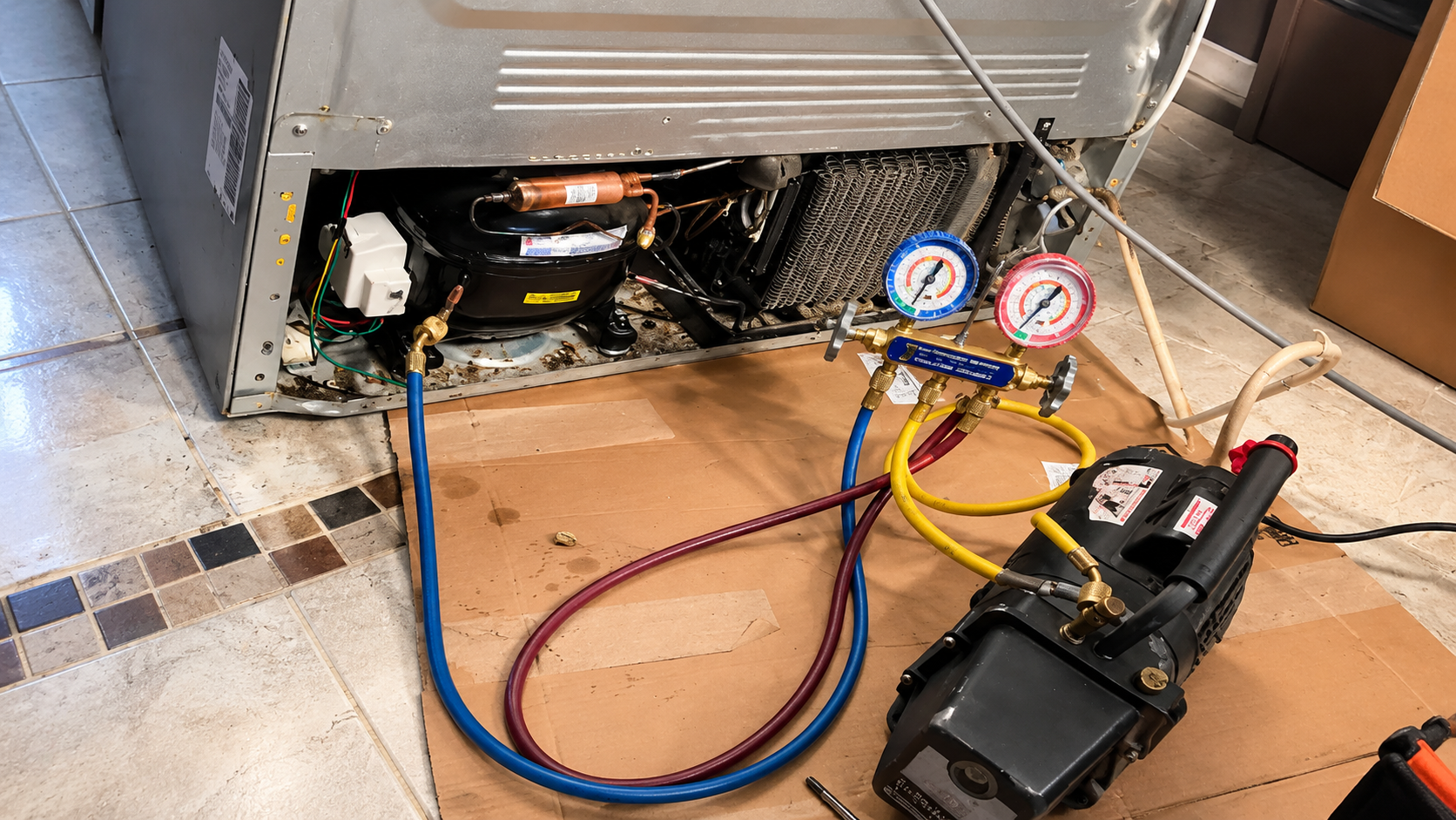 Appliance repair setup with hoses and gauges connected to an open dishwasher under a kitchen counter