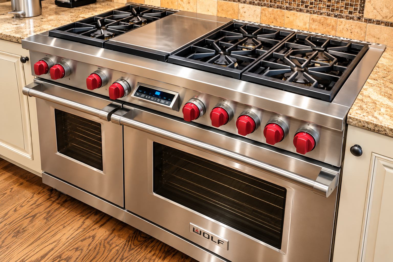 Stainless steel gas range with red knobs and double ovens in a modern kitchen