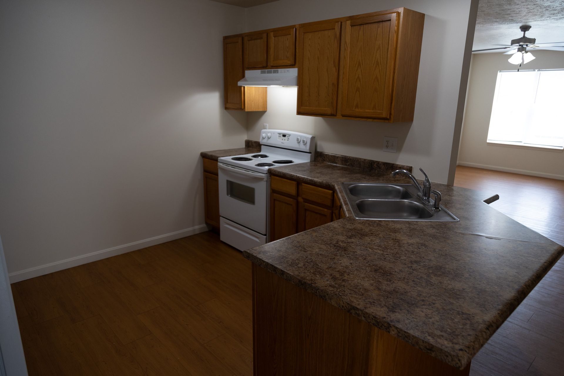 An empty kitchen with a stove , sink , and cabinets.