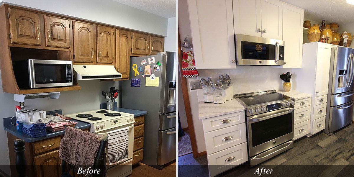 A before and after photo of a kitchen with wooden cabinets and stainless steel appliances.
