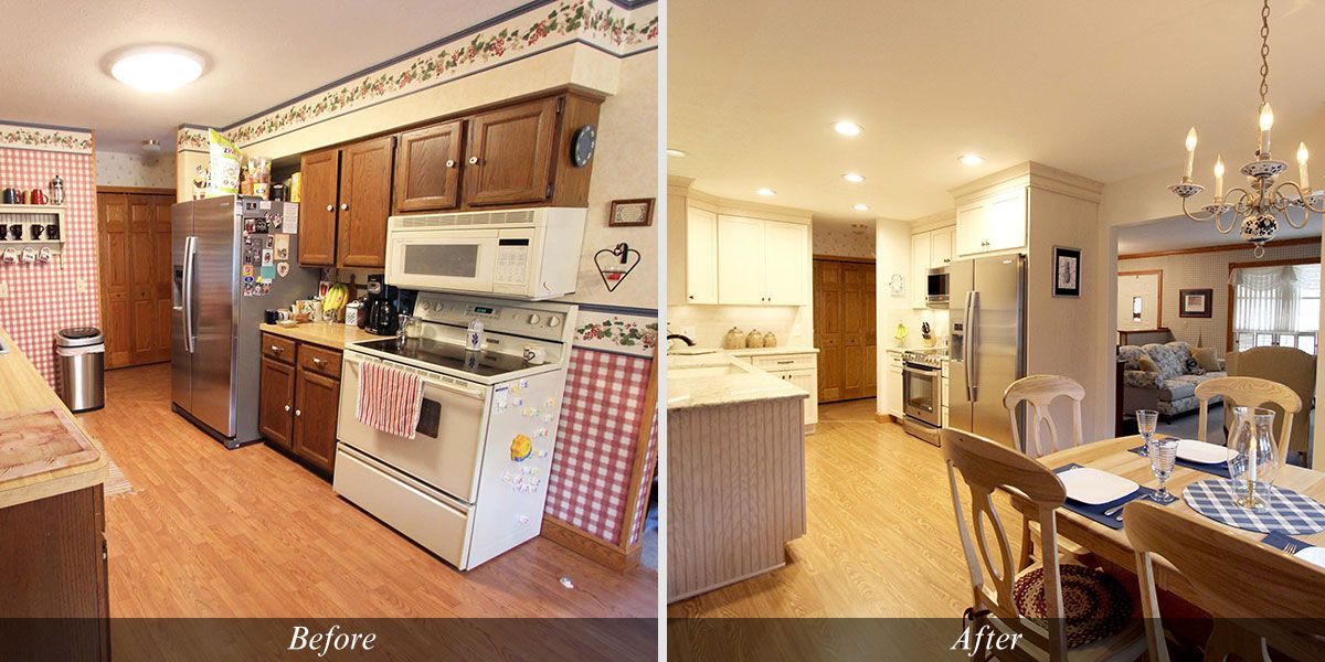 A before and after photo of a kitchen and dining room.