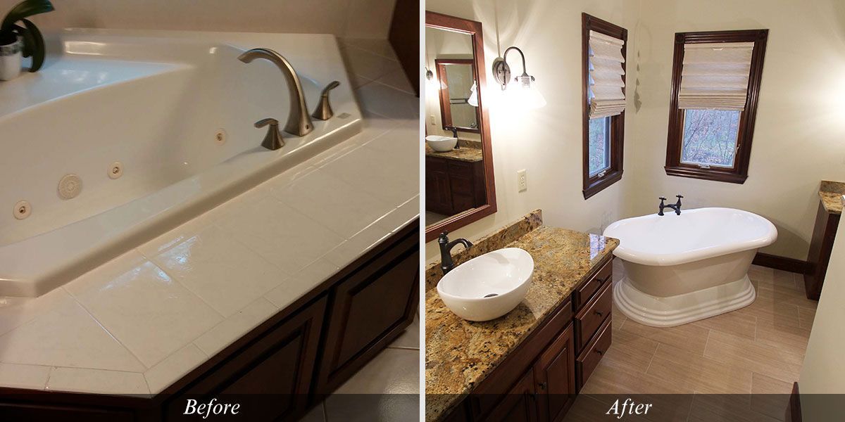 A before and after photo of a bathroom with a tub and sink.