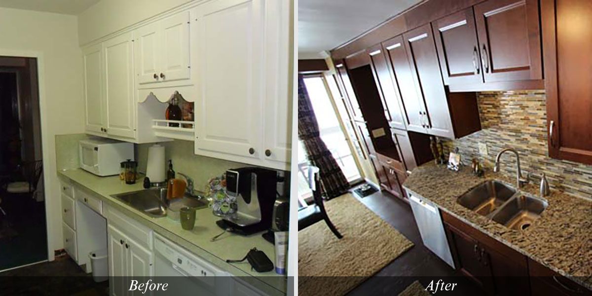 A before and after photo of a kitchen with white cabinets and granite counter tops.