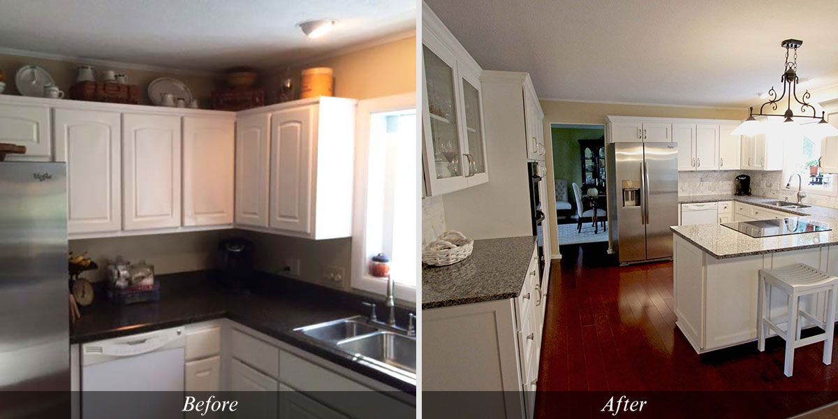 A before and after photo of a kitchen with white cabinets and granite counter tops.