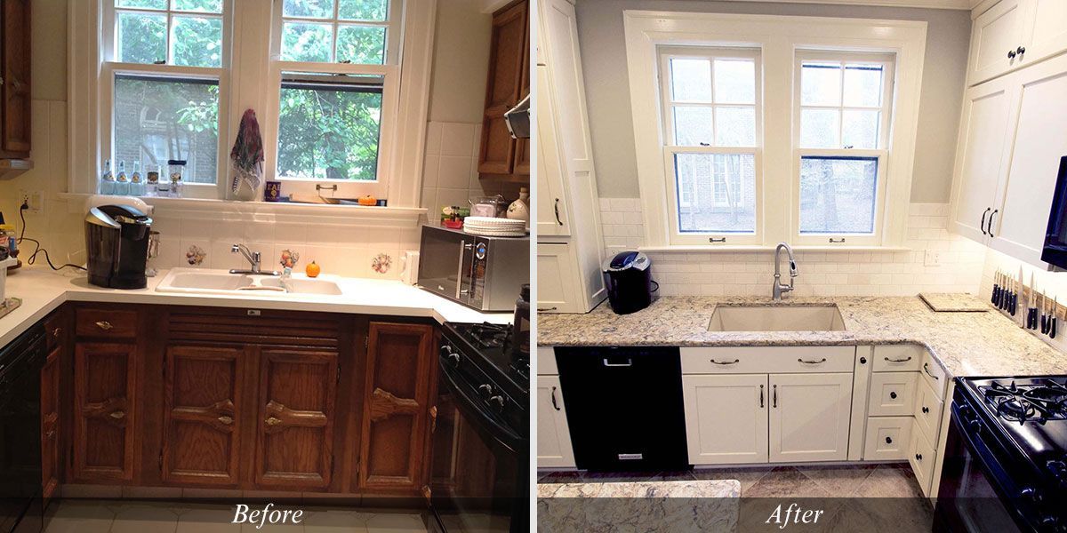 A before and after photo of a kitchen with white cabinets and granite counter tops.