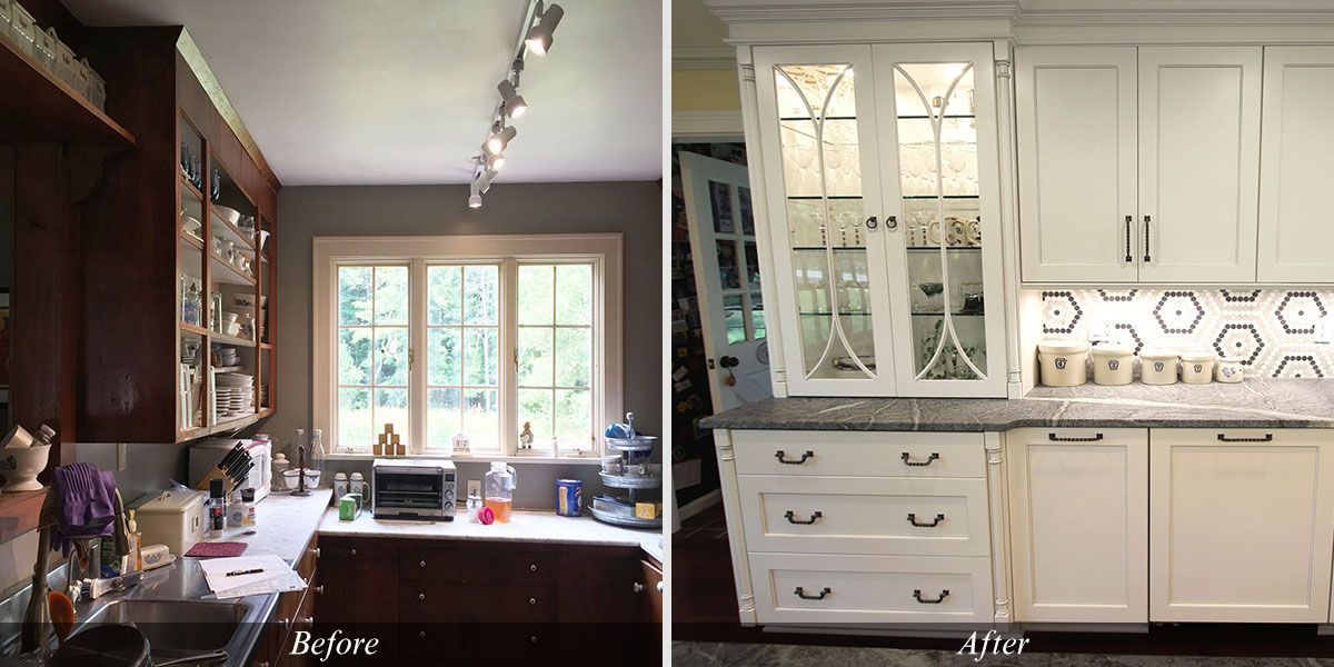 A before and after photo of a kitchen with white cabinets.