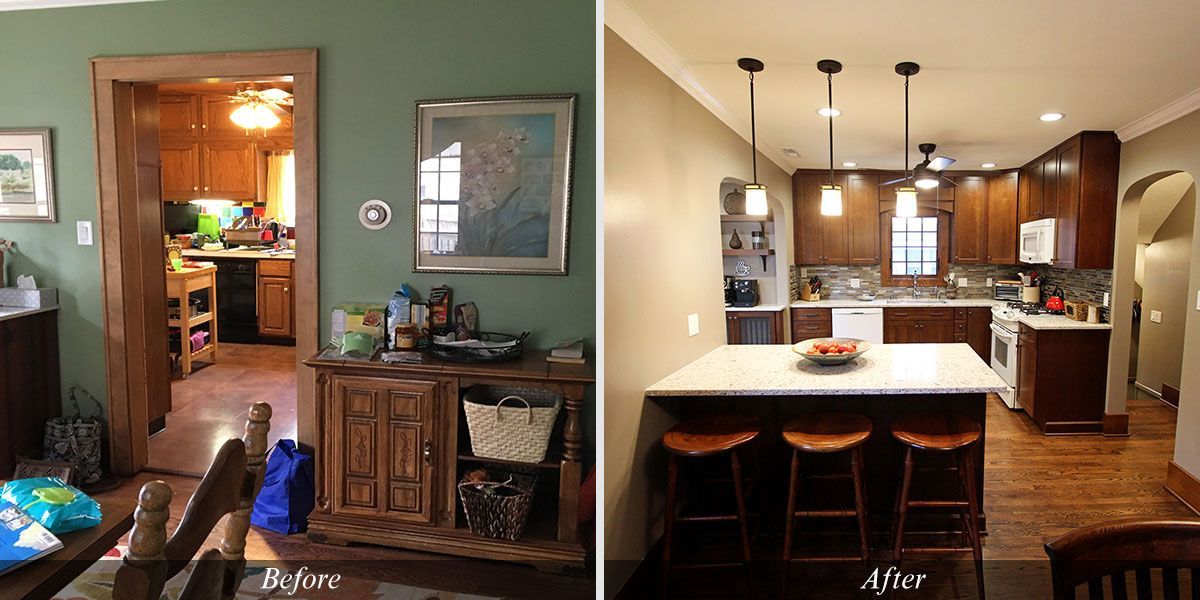 A before and after photo of a kitchen and dining room.