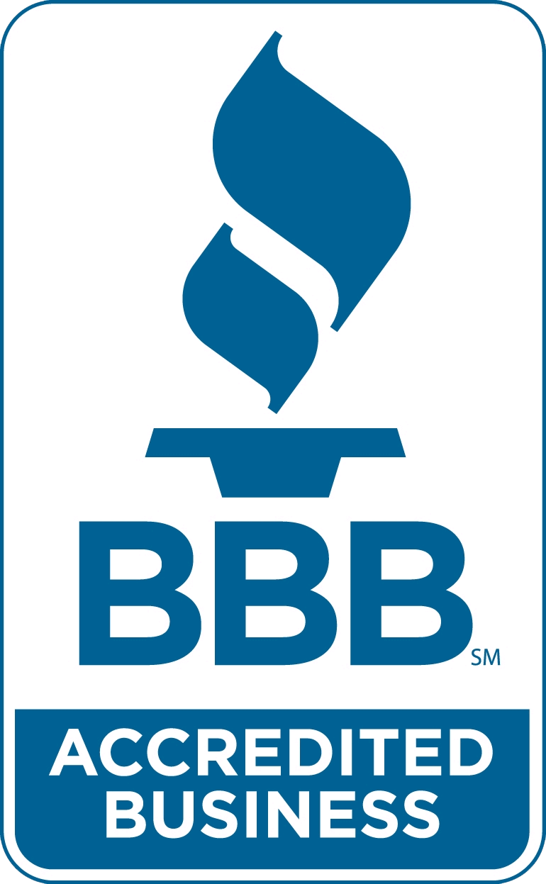A blue bbb accredited business logo on a white background
