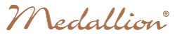A close up of a medallion logo on a white background.